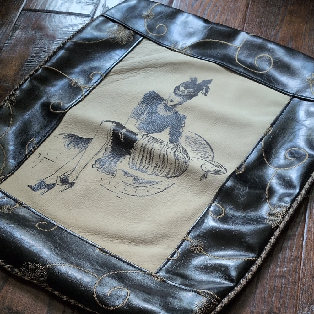 Black/Dark Brown Embroidered Leather & Fabric Retro Fashion Illustration Pillow